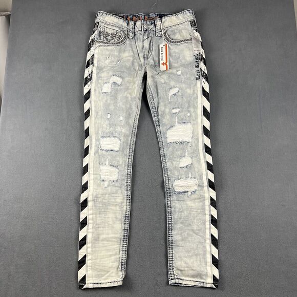 NEW Rock Revival Jeans Mens 31X33 Jerret Taper Acid Wash Rocker Distressed Denim